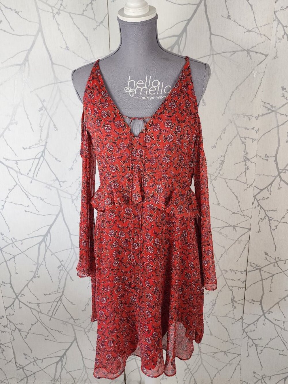 Sam Edelman Red Floral Chiffon Overlay Strappy Cold Shoulder Dress